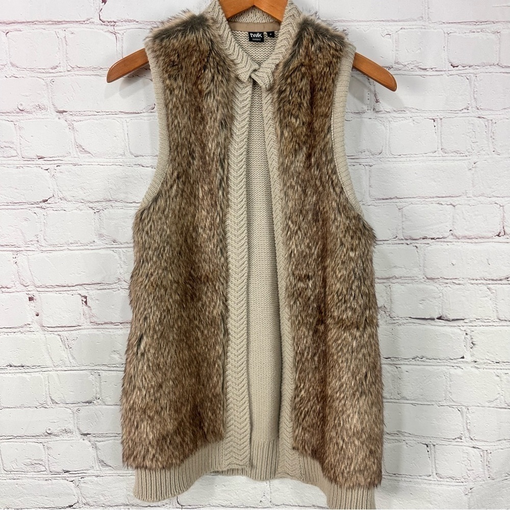 Womens faux fur vest small Brown Angora Lined Open Front Sleeveless Sweater